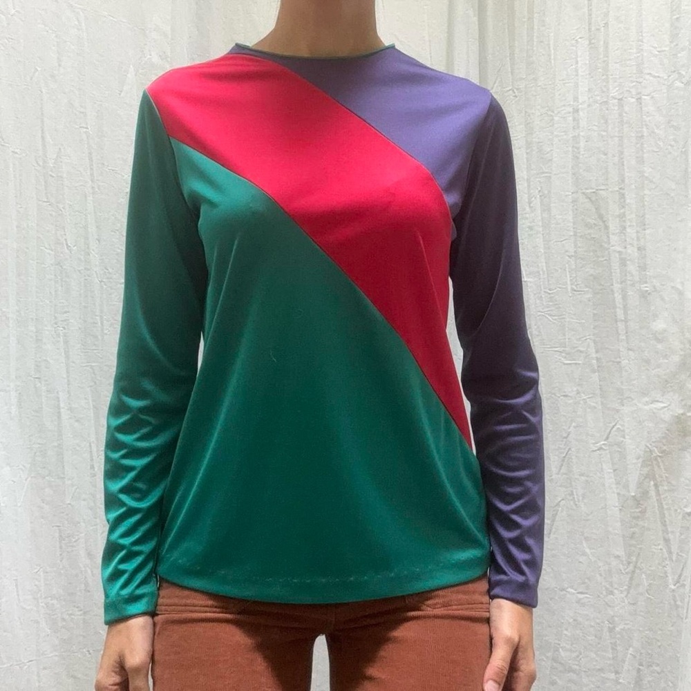 Teal, red and purple colorblock long sleeve shirt vintage 1970s